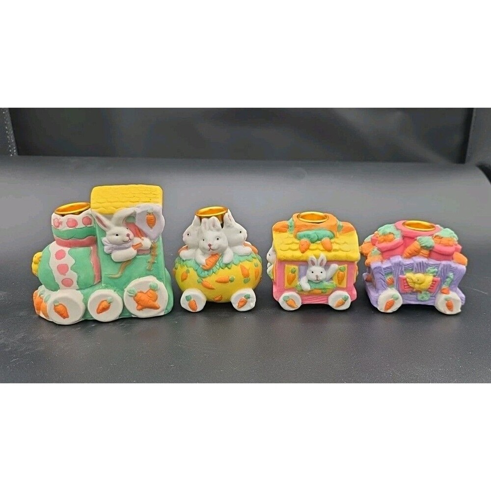 Happy Easter Candle Top Porcelain Train 4 Pc Box No Candles Bunny Carrots Chicks
